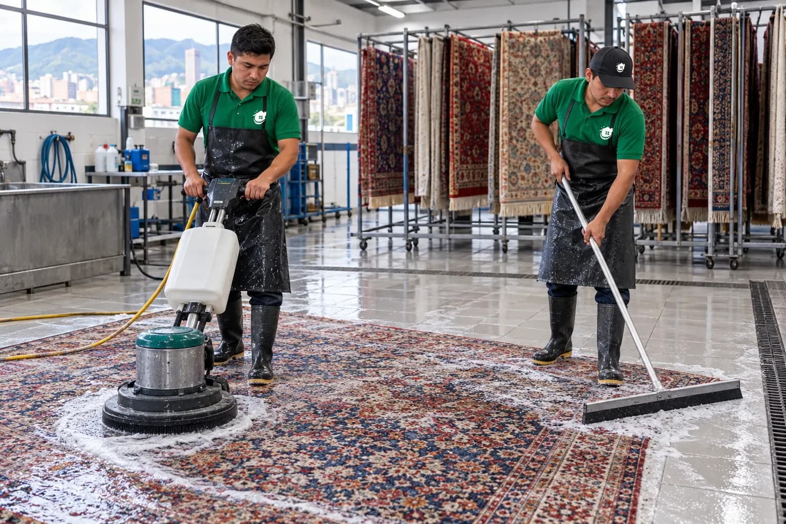 Lavado de un tapete de lana en planta